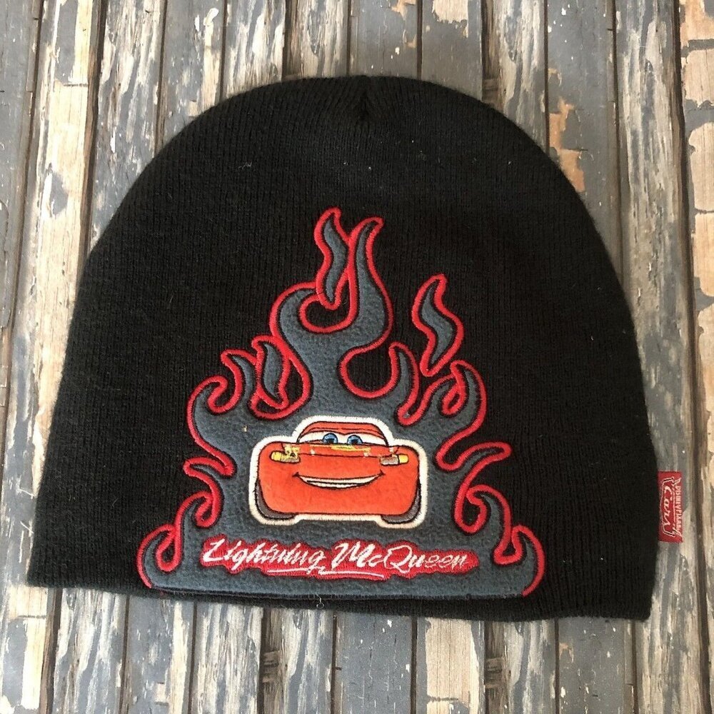 Disney/Pixar Cars Lightning Mcqueen Beanie Cap Hat Black Acrylic Kids Sz 4-16